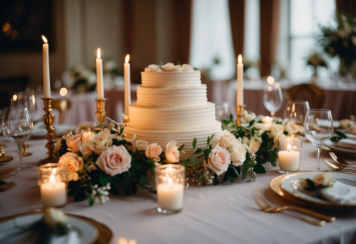 A table adorned with a multi-tiered wedding cake, surrounded by floral arrangements, candles, and elegant tableware