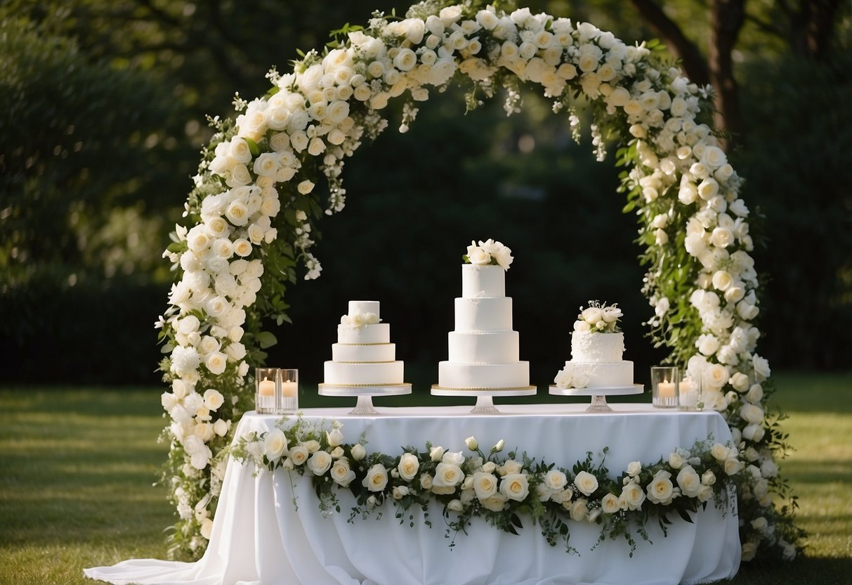 A white floral arch frames a wedding cake table, adorned with cascading flowers and greenery