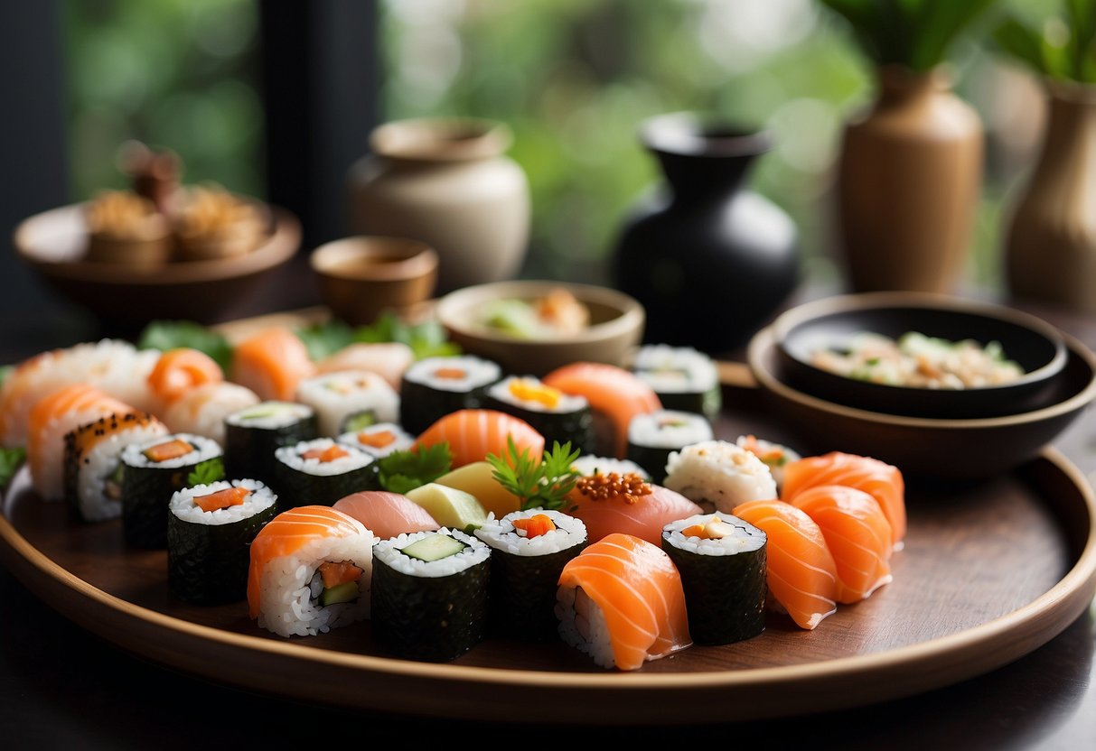 Assorted sushi rolls arranged on elegant platters with decorative garnishes and chopsticks. Sake bottles and traditional Japanese tea sets displayed nearby