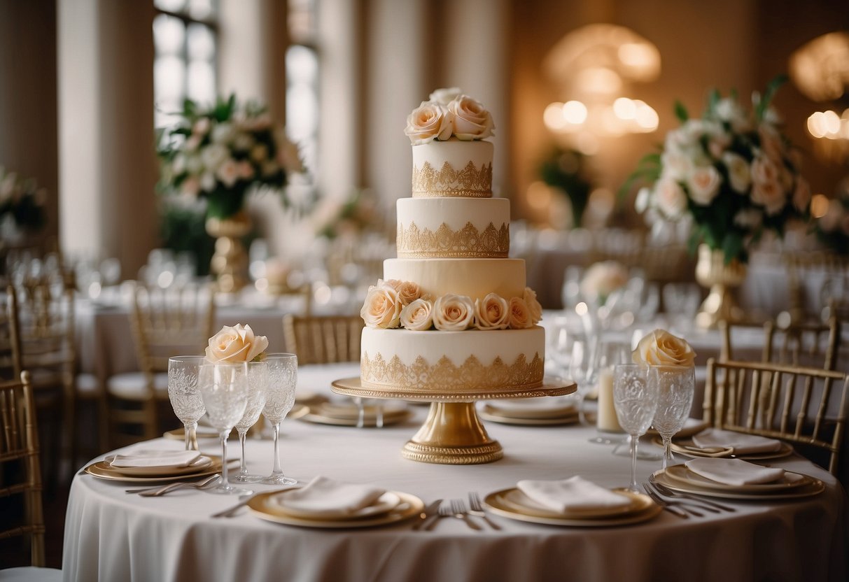 A tiered cake stand adorned with sculpted details, surrounded by elegant table settings and floral arrangements