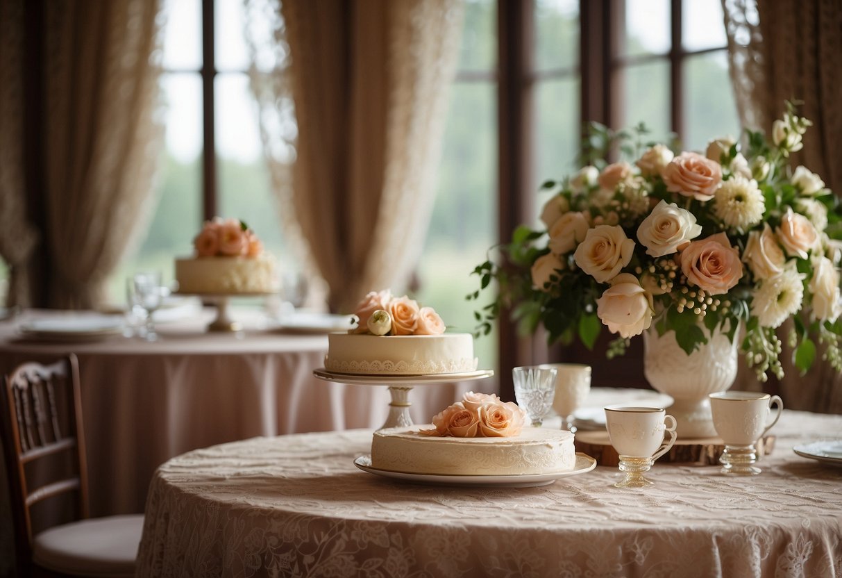 A lace tablecloth drapes over a rustic wooden table, adorned with a tiered wedding cake and delicate floral arrangements