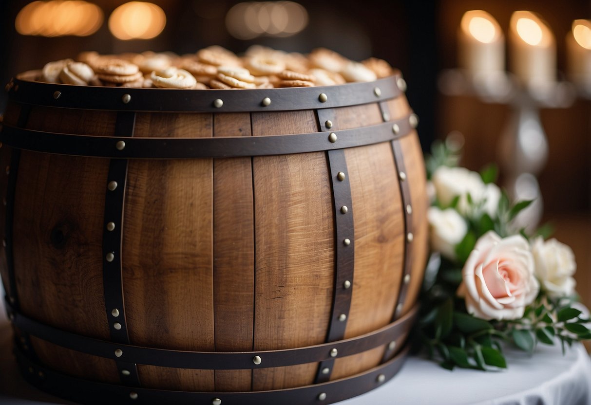 A wooden barrel serves as the base for a wedding cake table, adorned with rustic decor and soft lighting