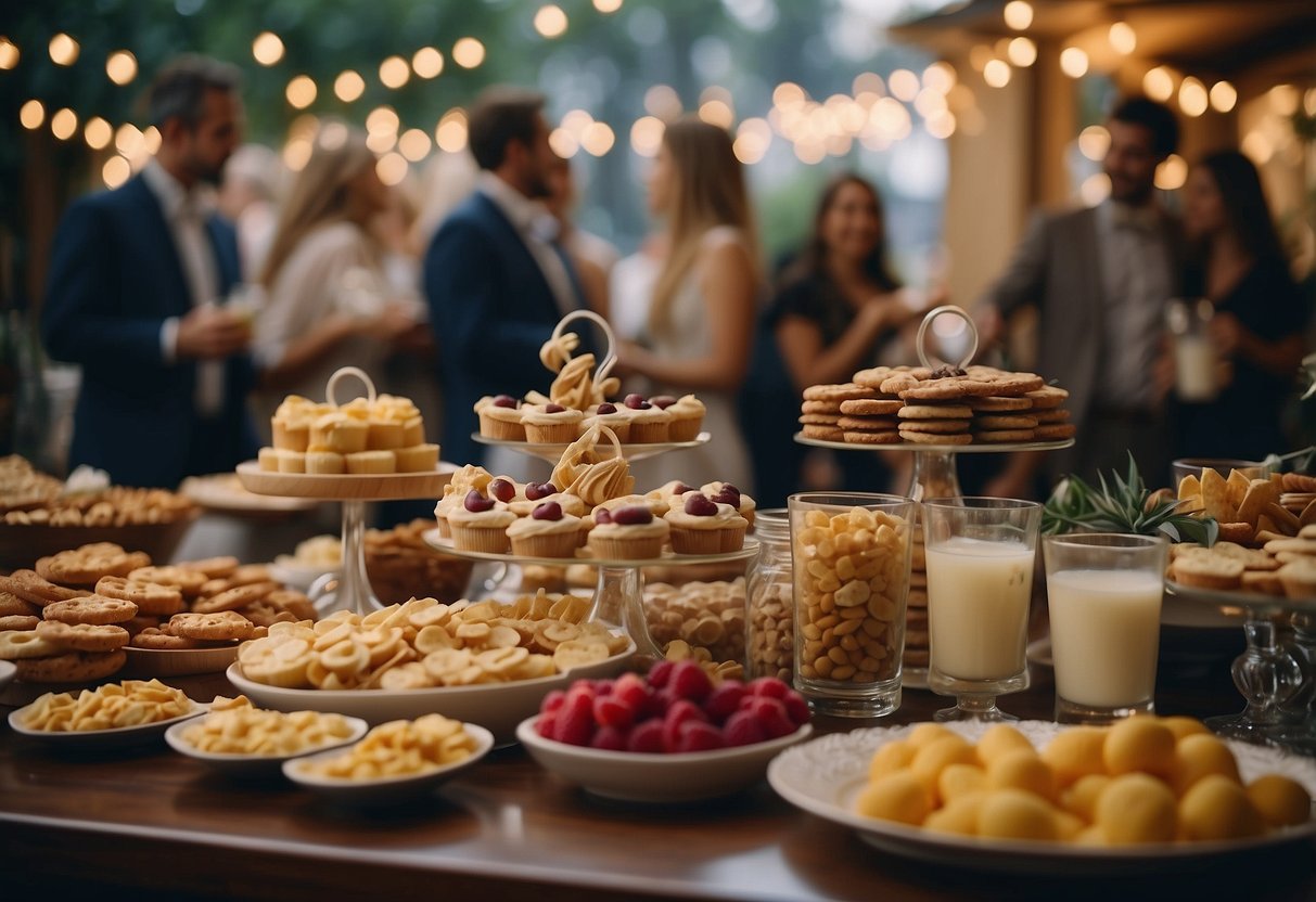 A beautifully decorated snack bar with a variety of tasty treats and drinks, surrounded by happy wedding guests enjoying the delicious spread