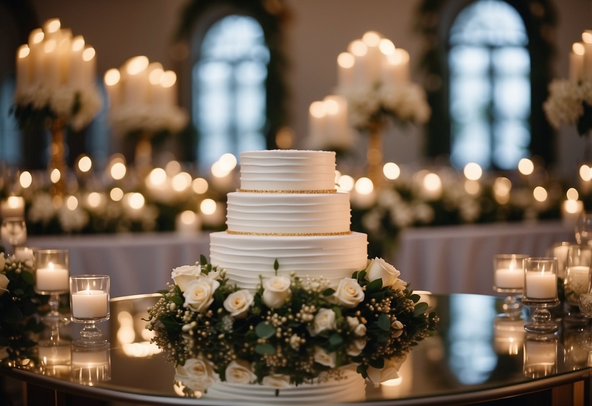 A mirrored table top reflects a lavish wedding cake surrounded by elegant floral arrangements and twinkling candlelight