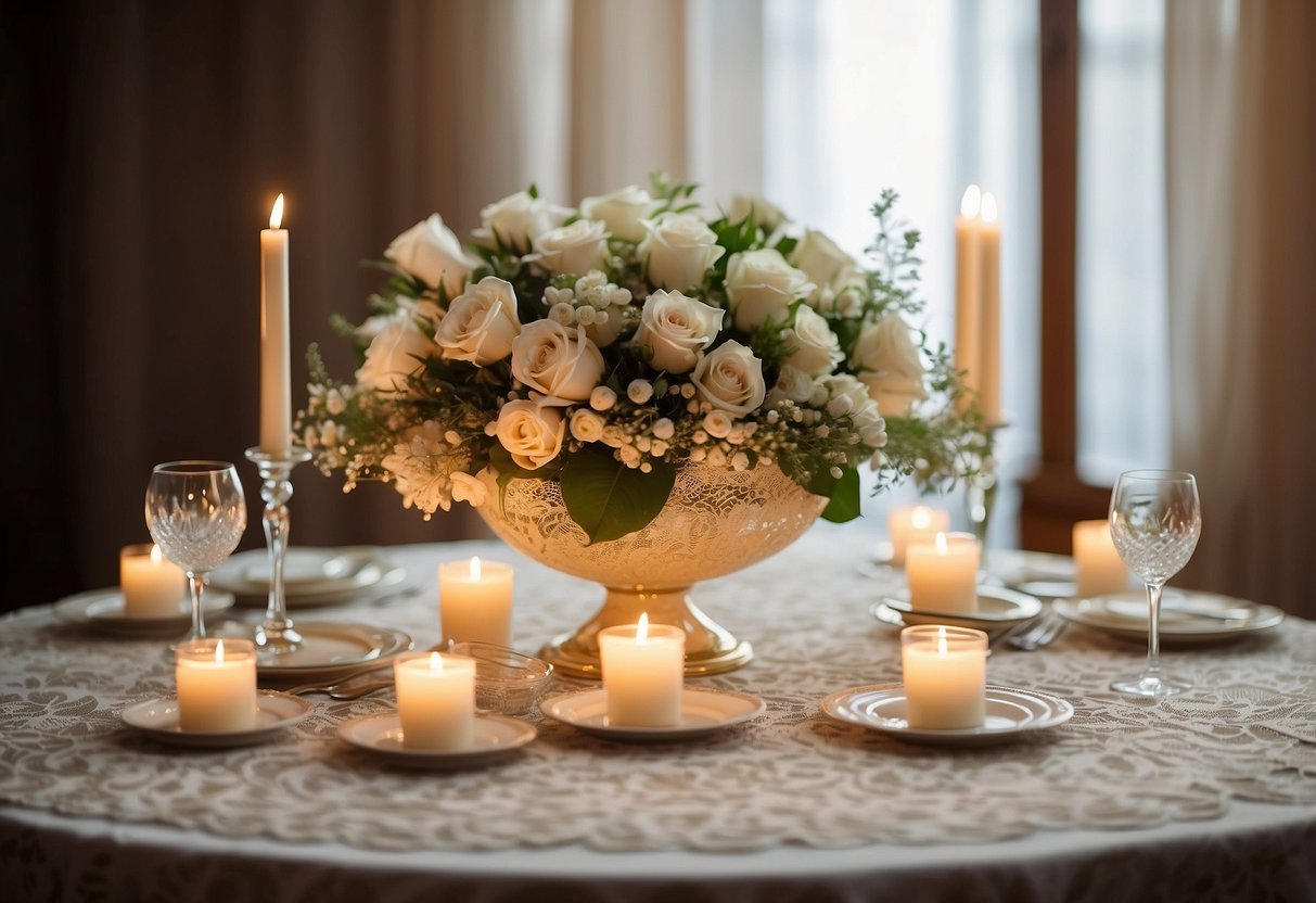 A white lace tablecloth drapes over a round table, adorned with an elegant arrangement of candles in varying heights and sizes, casting a warm and romantic glow