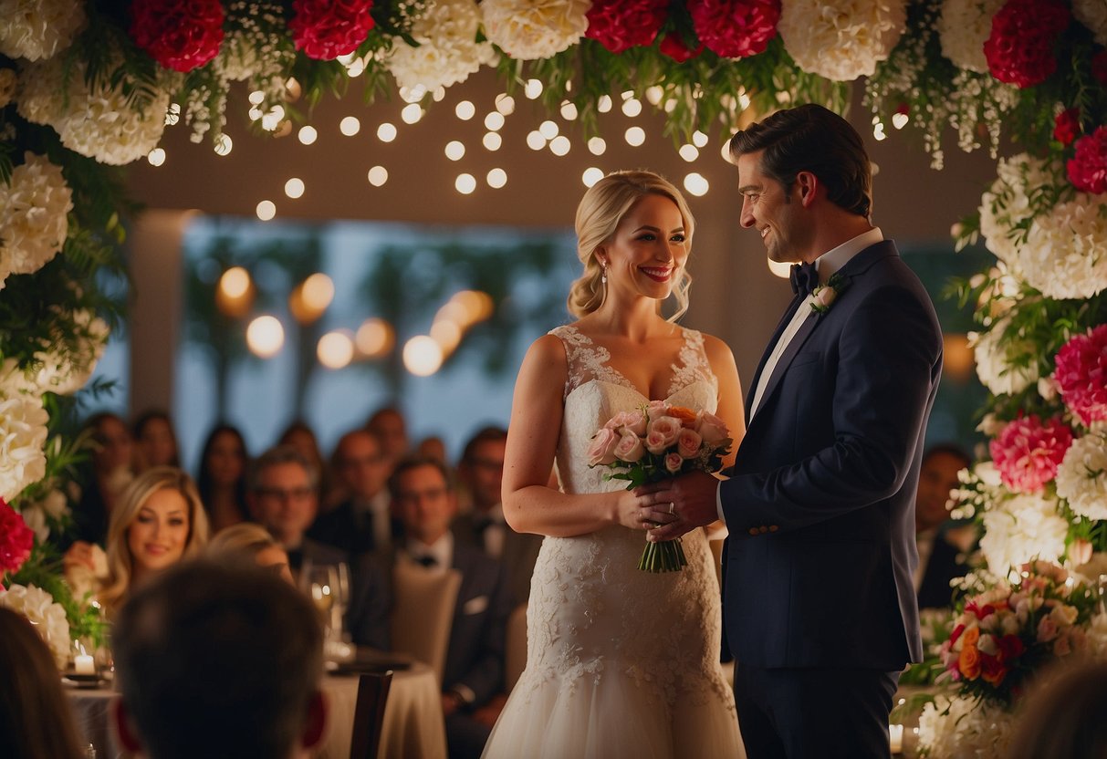 A best friend stands at a podium, surrounded by flowers and twinkling lights, delivering a heartfelt wedding speech to a smiling couple