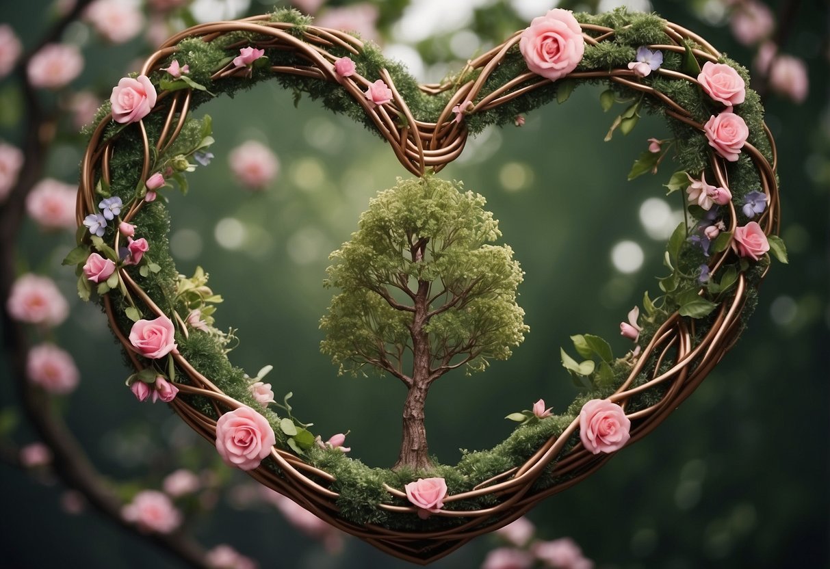 A group of objects symbolizing friendship - a tree with intertwined branches, a pair of linked rings, and a bouquet of flowers - arranged in a heart shape