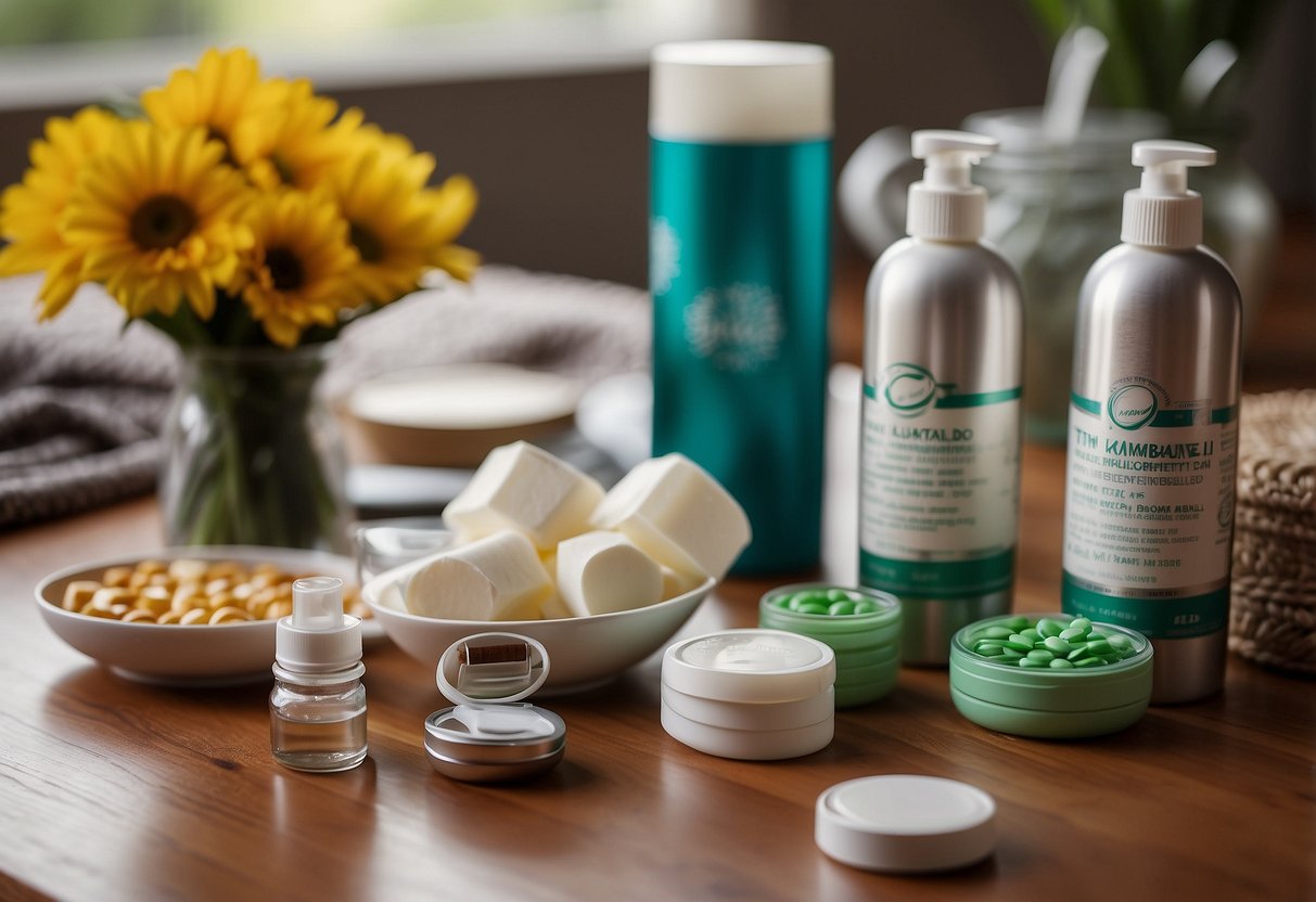 A table with a variety of wedding survival kit items: tissues, mints, band-aids, sewing kit, stain remover, pain reliever, and breath freshener