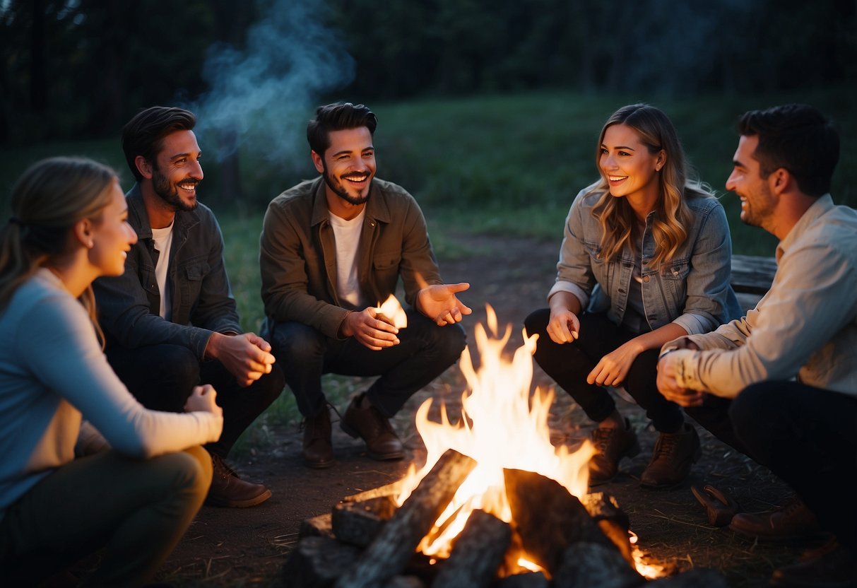 A group of friends gathered around a glowing campfire, sharing heartfelt stories and laughter. A best friend stands up to deliver a wedding speech, surrounded by love and support