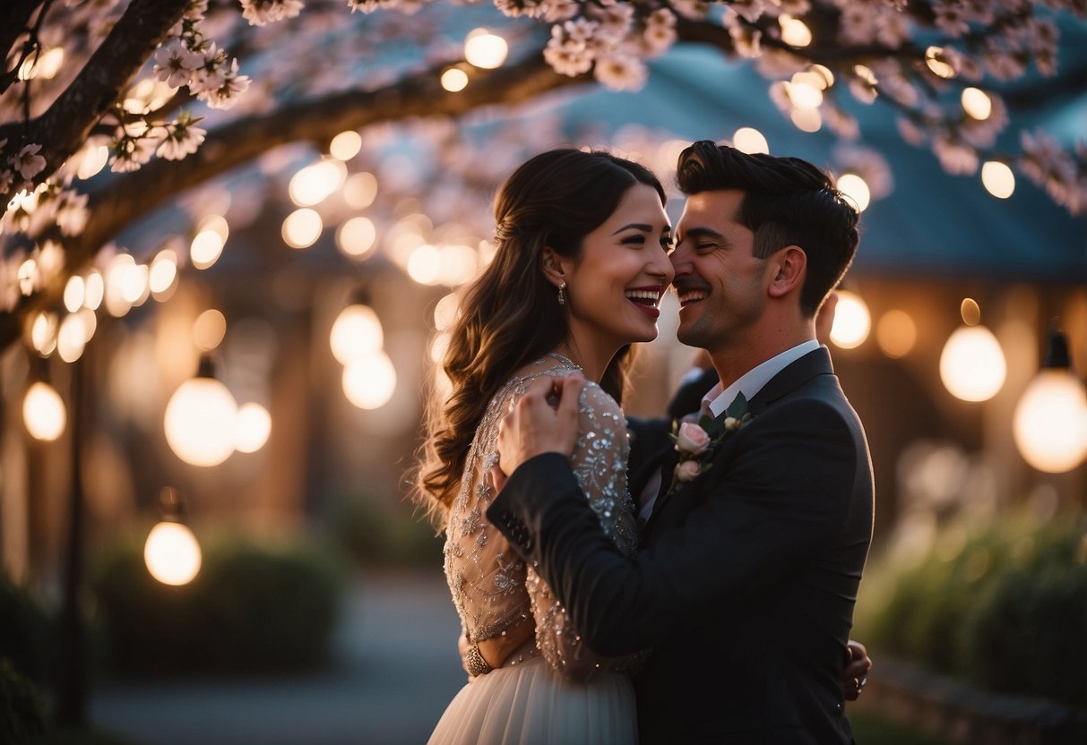 Two friends embrace under a blooming cherry blossom tree, surrounded by the soft glow of fairy lights. Laughter fills the air as they exchange heartfelt stories and wedding speech ideas for the bride/groom