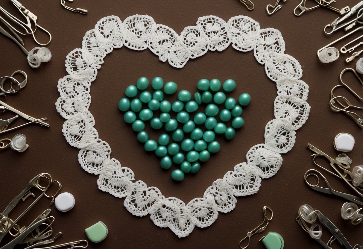 Safety pins arranged in a heart shape on a lace doily, surrounded by small items like mints, tissues, and mini sewing kit