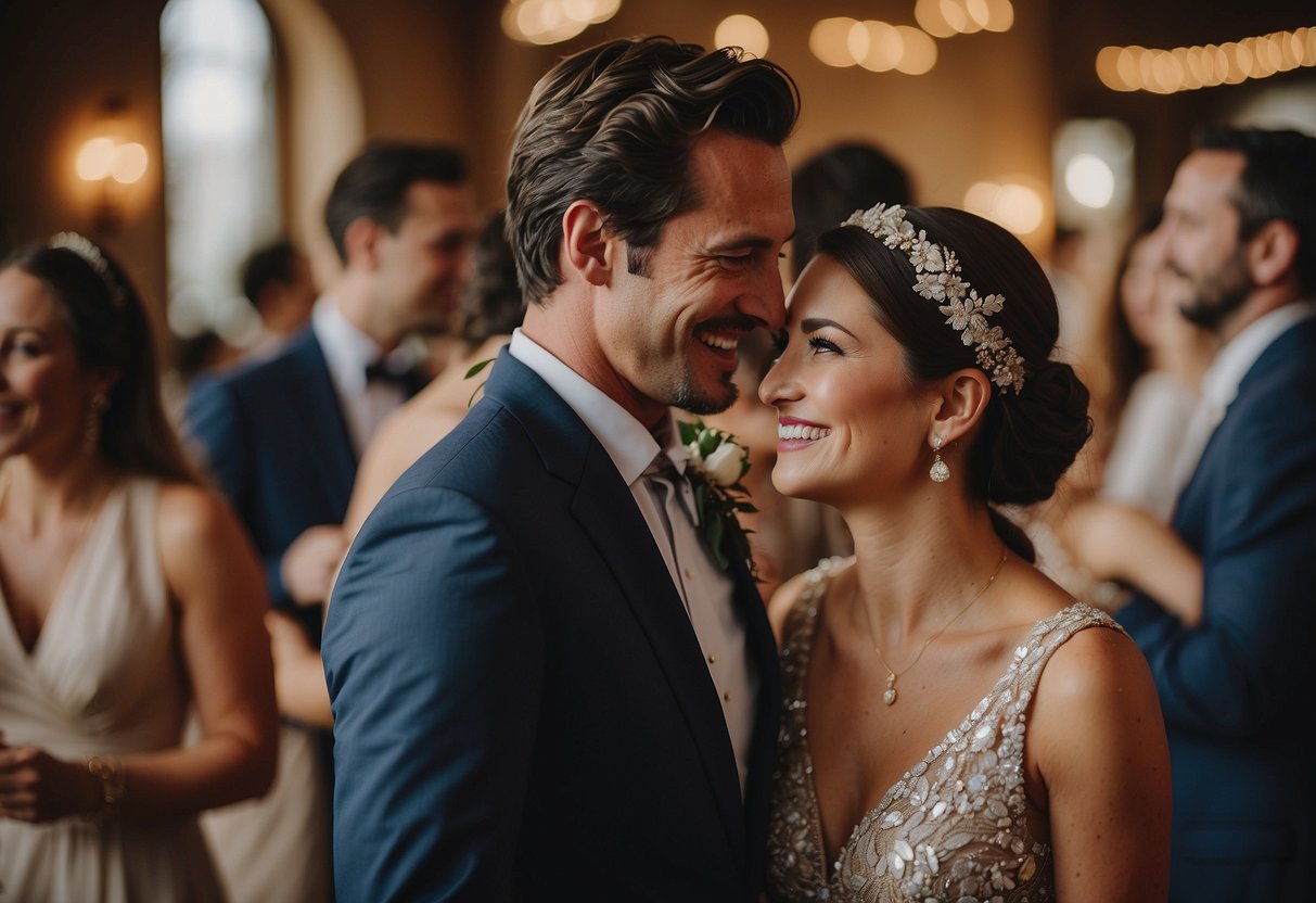 Two friends embrace at a wedding, smiles on their faces as they exchange heartfelt words