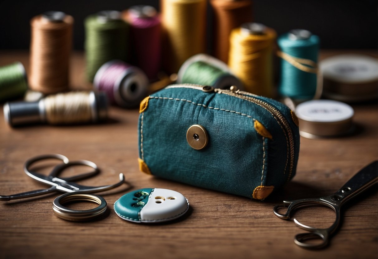 A mini sewing kit open on a table with needles, thread, and buttons. A wedding invitation and a pair of scissors nearby