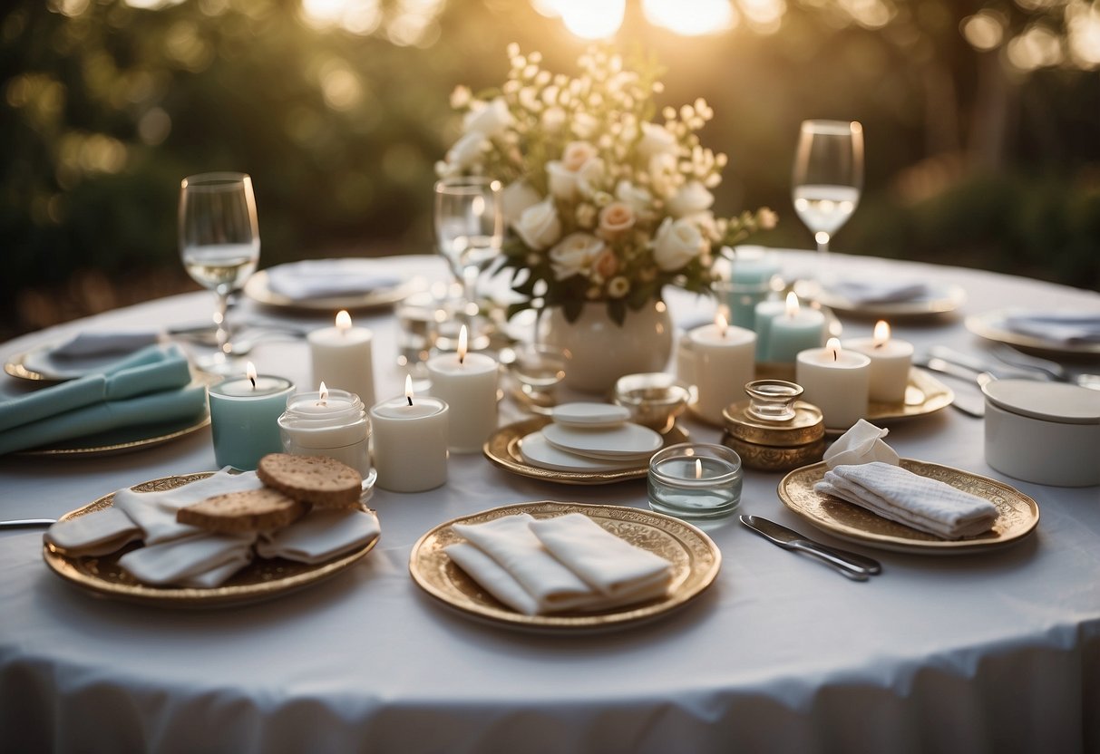 A table with blister pads, bandages, and other wedding survival items arranged neatly in a kit