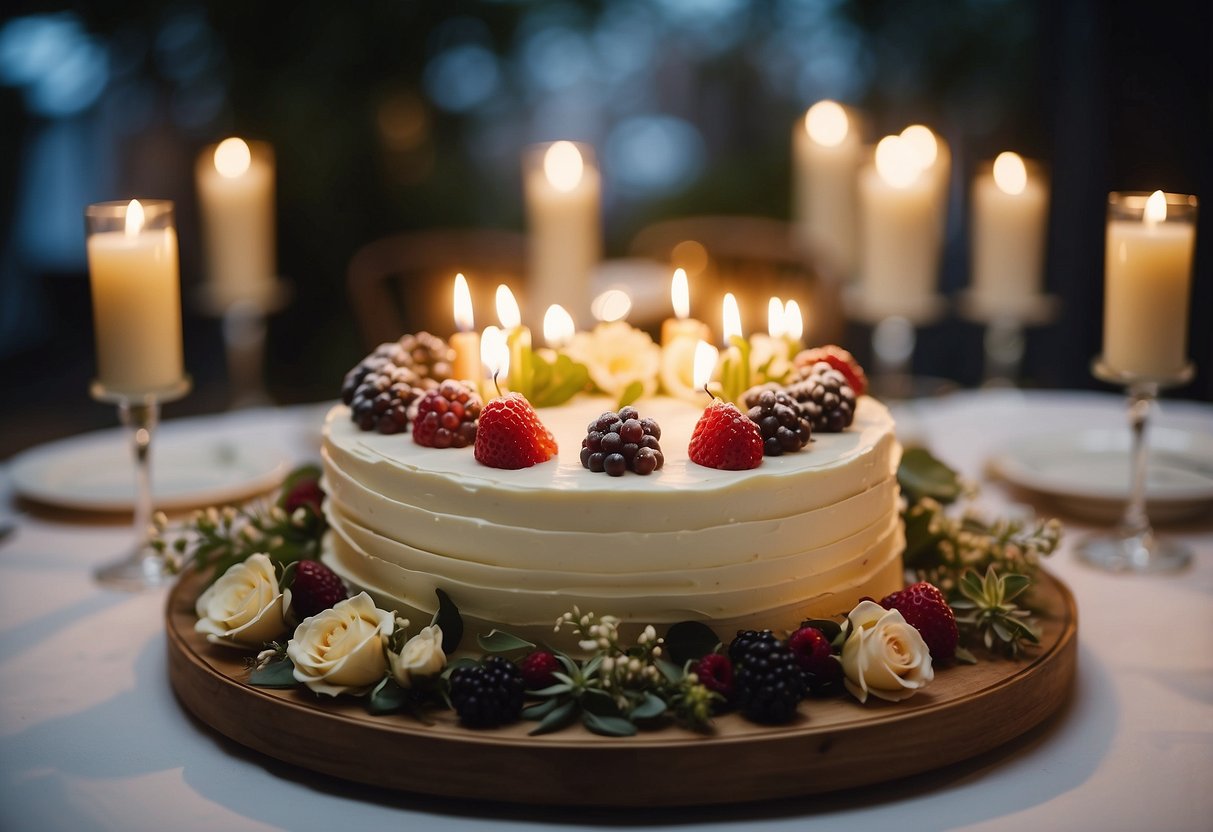 A round wedding cake sits atop a white tablecloth, surrounded by smaller desserts and floral arrangements. Candles and fairy lights add a romantic glow to the display