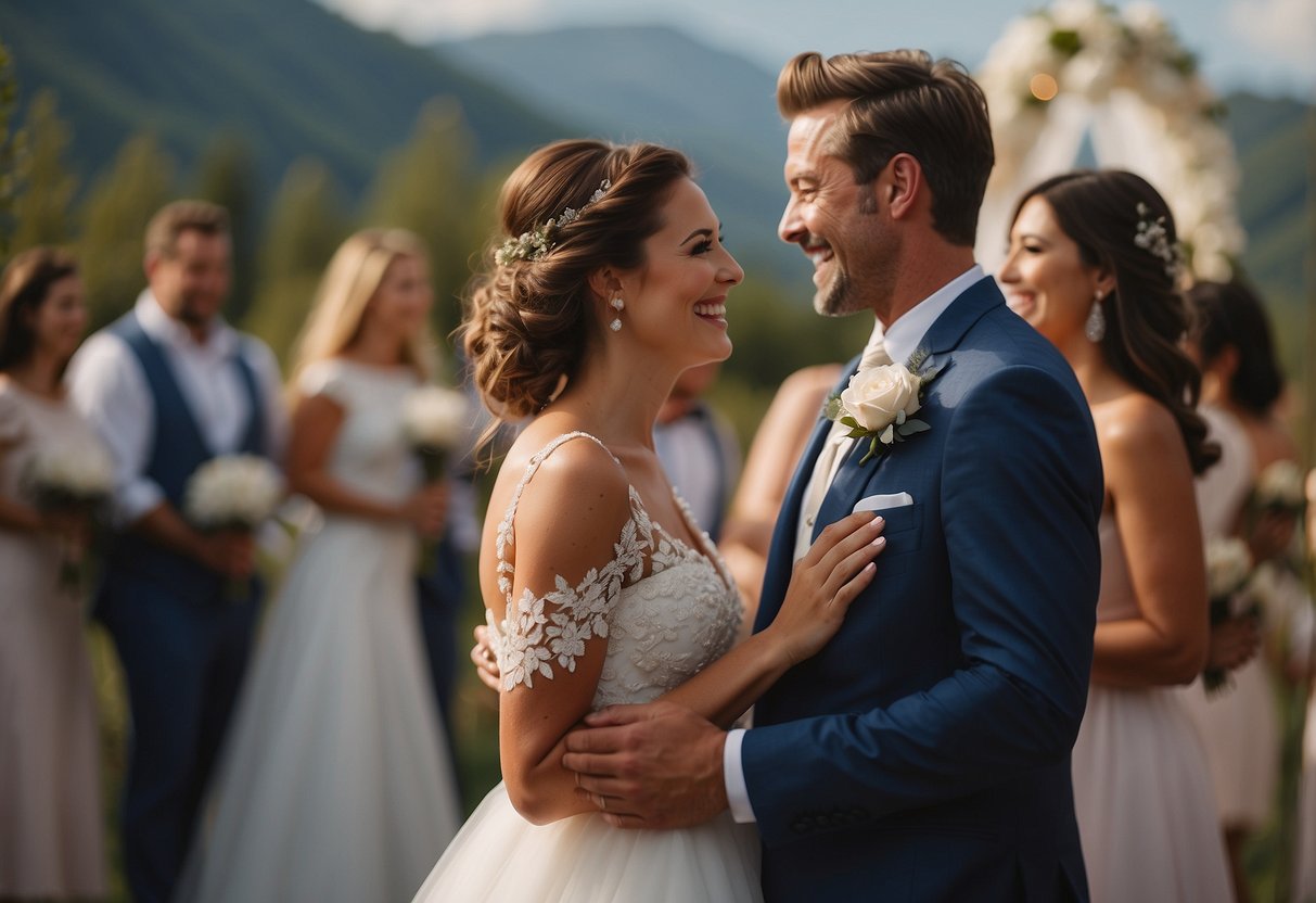 A bride and groom laughing together, holding hands, surrounded by friends and family, with a beautiful wedding backdrop