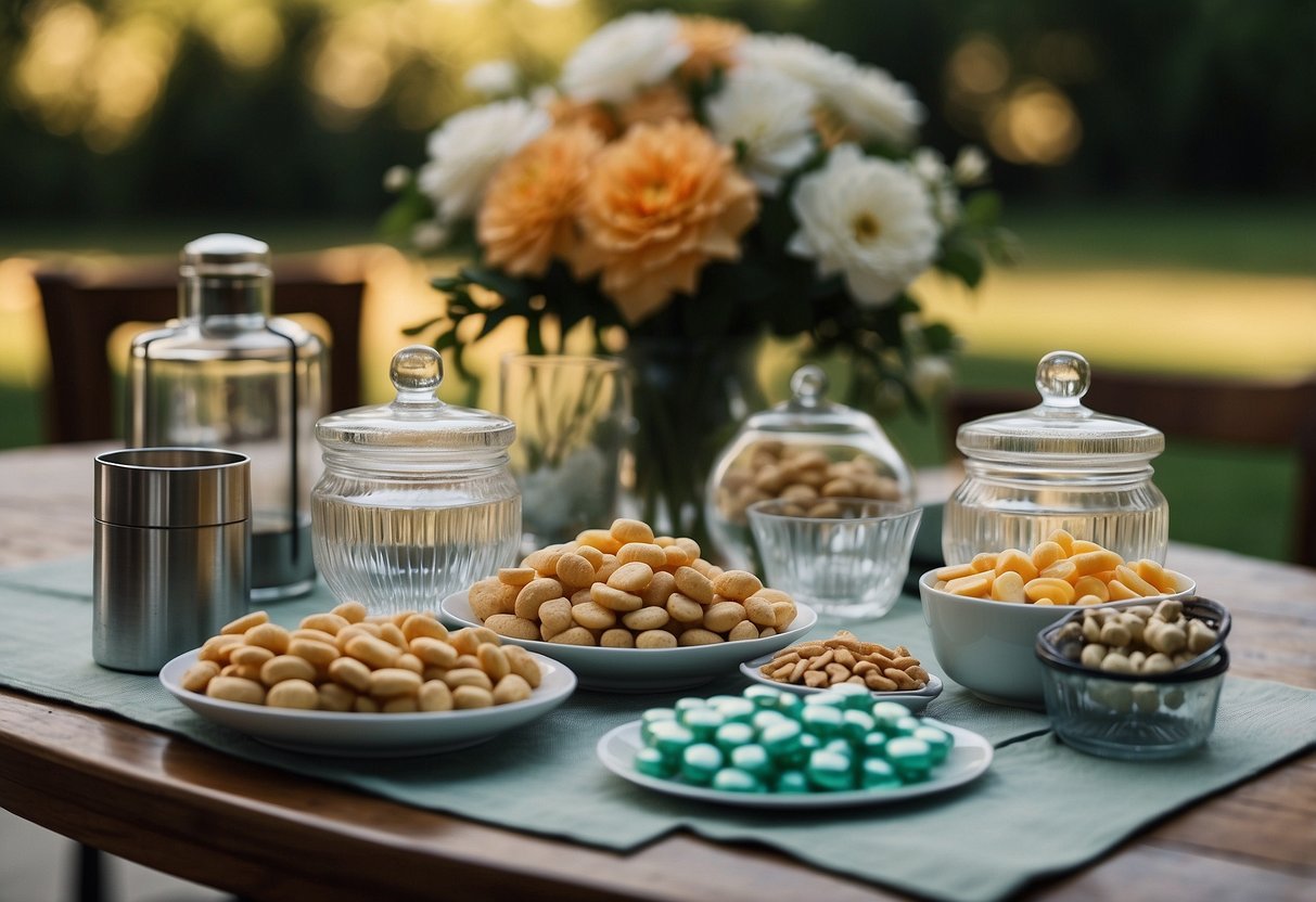 A table set with breath mints, water bottles, and small snacks for a wedding survival kit display