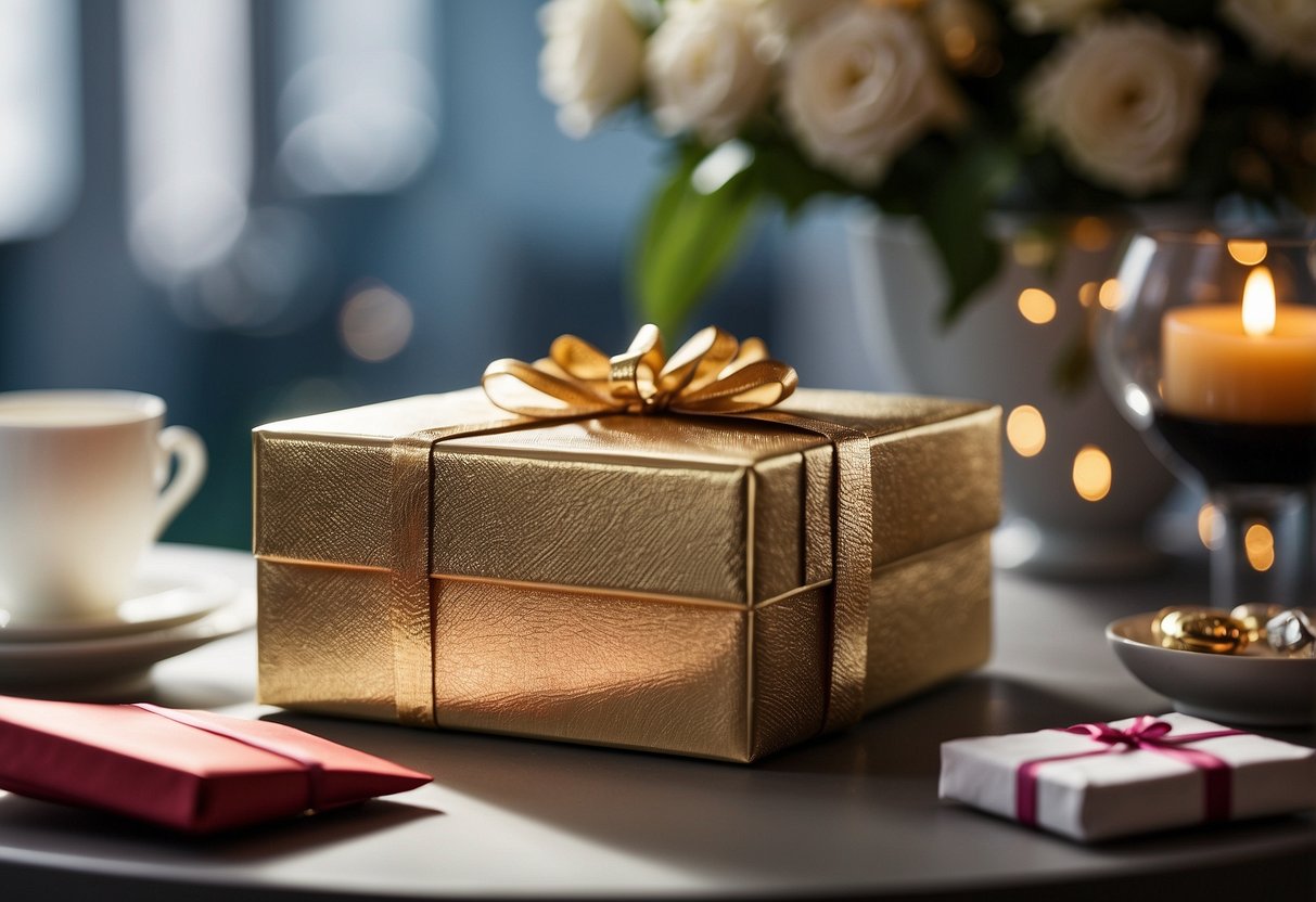 A table adorned with a decorative box for cards, surrounded by elegant envelopes and small gift bags with monetary gifts inside