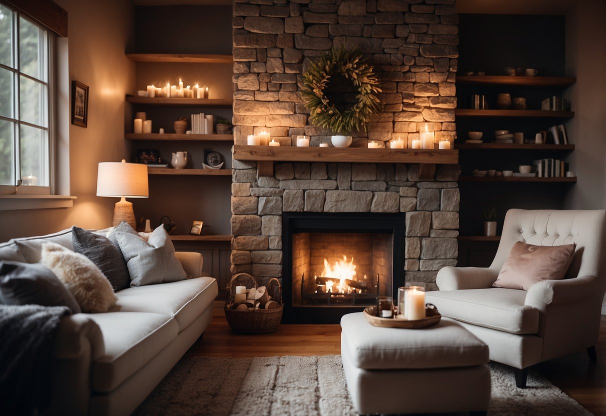 A cozy living room with a crackling fireplace, a table set for two, and a handwritten love letter framed on the wall