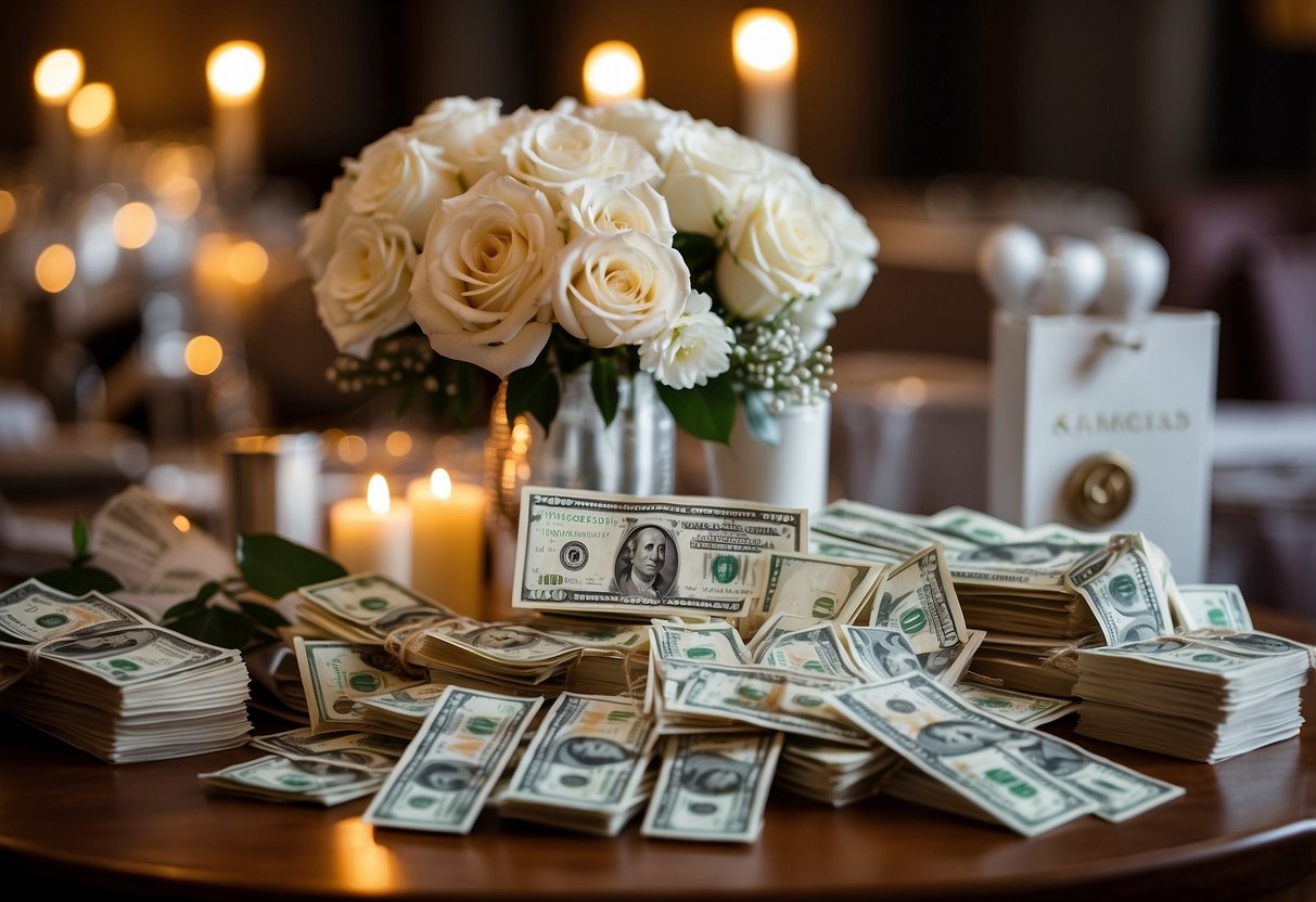 A bride and groom's names surrounded by elegant wedding decor and a pile of cash as a unique wedding gift idea