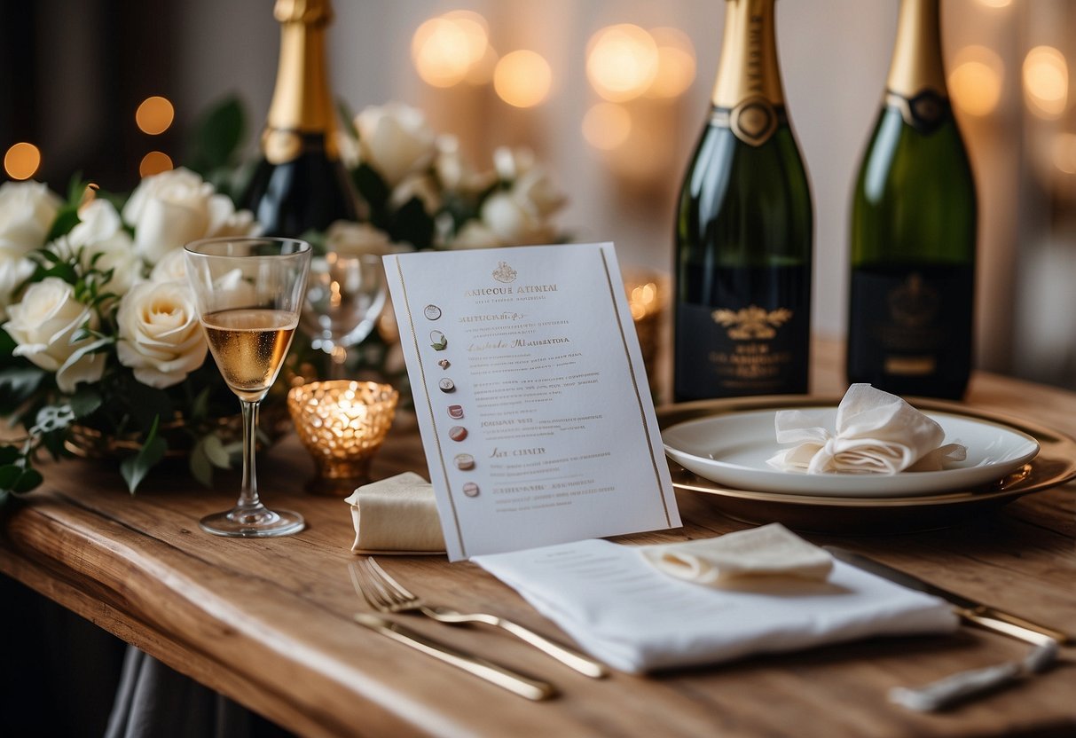 A table with tissues, mints, and mini bottles of champagne. A wedding invitation and a checklist are also visible