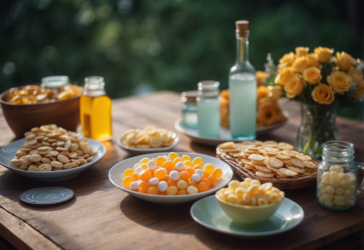 A table with pain relievers, water, snacks, and mints for a wedding survival kit