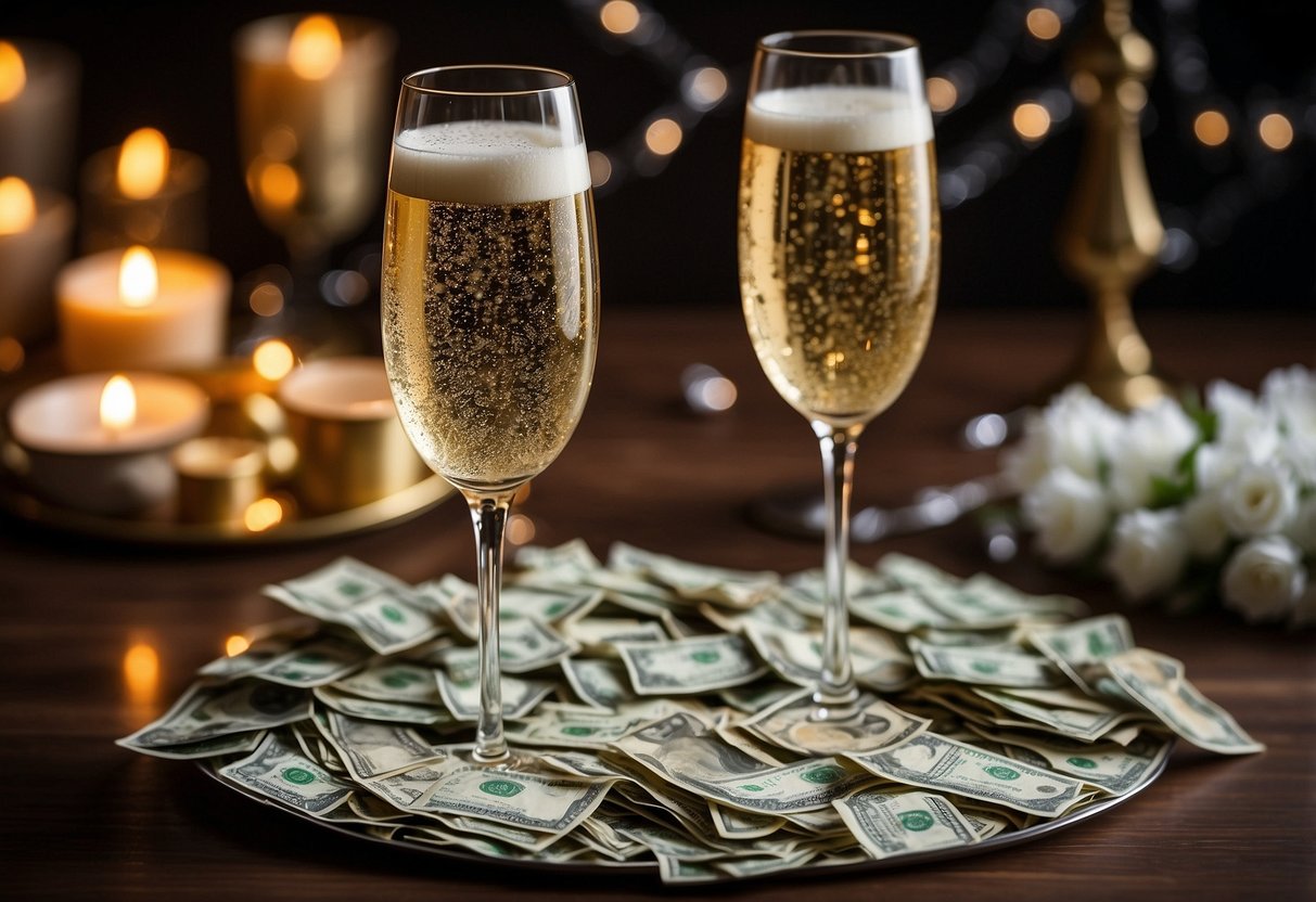 Two elegant champagne flutes engraved with intricate designs, surrounded by delicate wedding decor and a pile of cash, symbolizing a unique money gift idea for the newlyweds