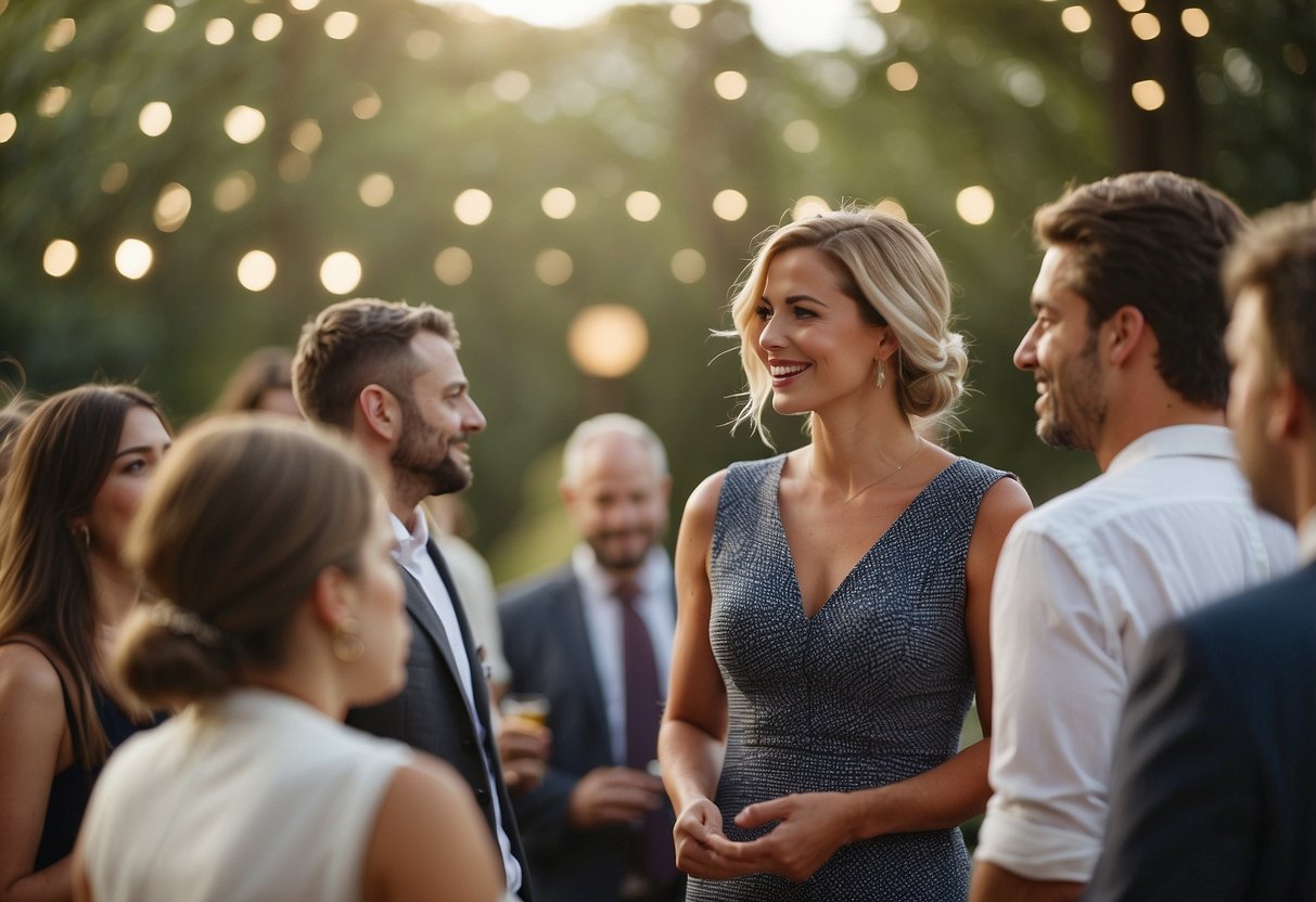 A best friend stands confidently, speaking to a captivated audience at a wedding, using engaging gestures and heartfelt expressions