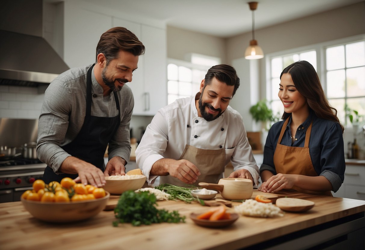 A chef instructs a couple in a kitchen, surrounded by gourmet ingredients and cooking utensils. A stack of gift cards and cash envelopes sit on a table