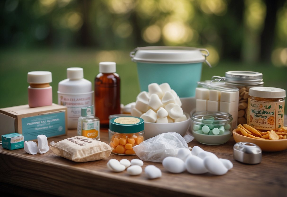 A table with a variety of items: tissues, mints, band-aids, sewing kit, pain relievers, and snacks. A sign reads "Wedding Survival Kit."