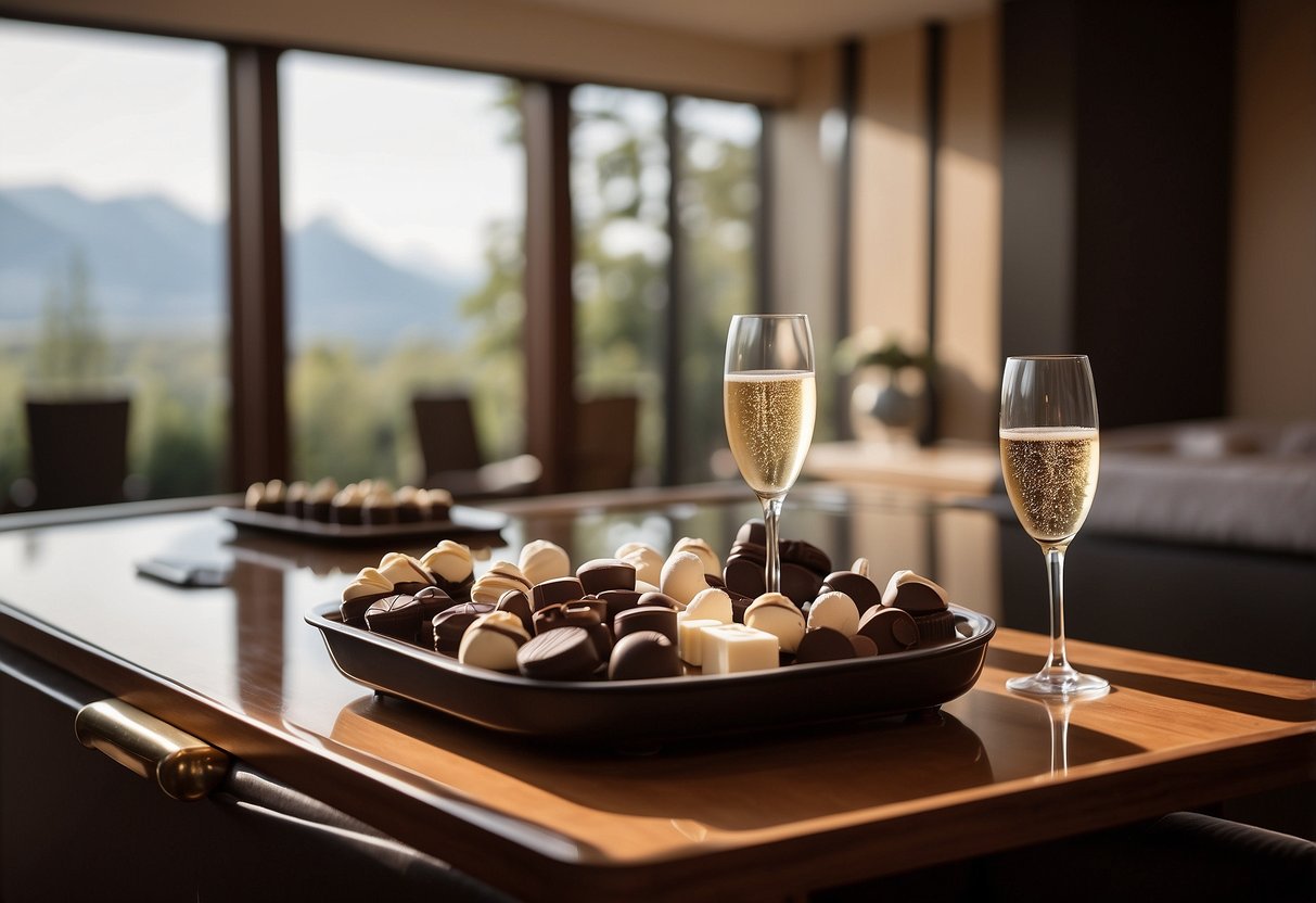 A serene spa room with plush robes, soft lighting, and a bubbling jacuzzi. A tray of decadent chocolates and champagne sits nearby