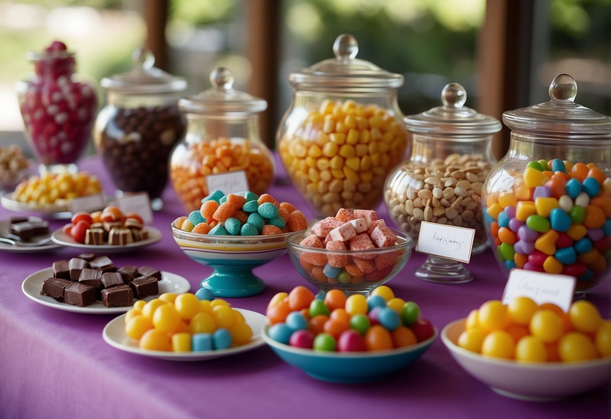 A colorful candy bar at a wedding, with jars of sweets, lollipops, and candy dishes displayed on a decorated table