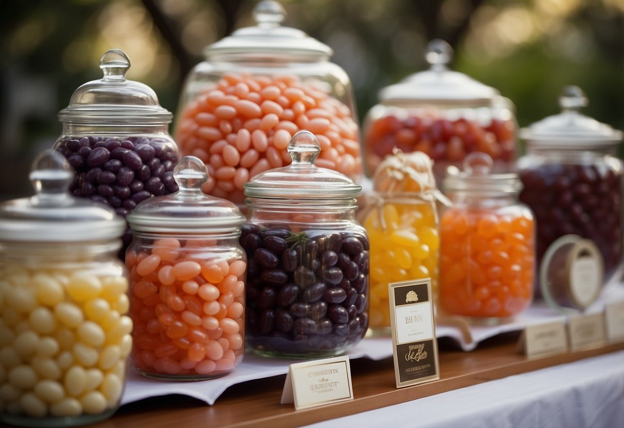 A colorful array of gourmet jelly beans displayed on a chic candy bar at a wedding reception, with elegant jars and decorative signage