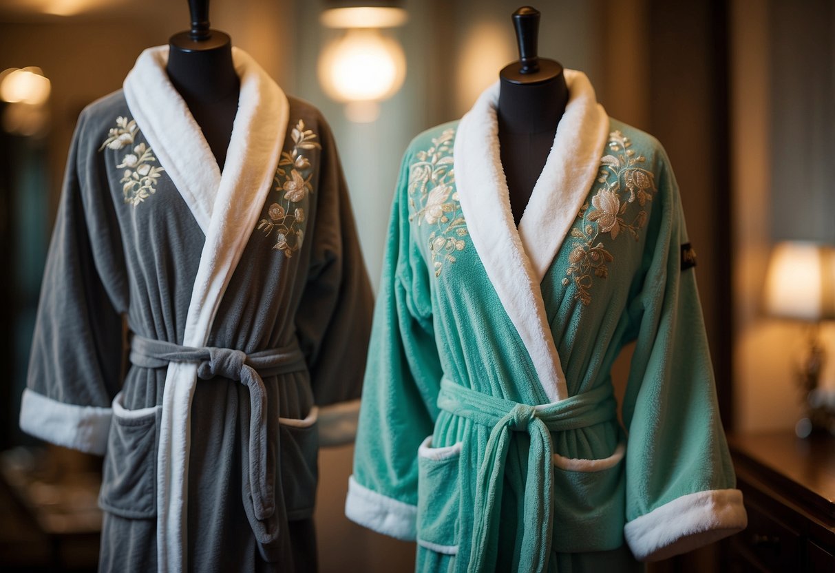 Two matching bathrobes hang side by side, one labeled "His" and the other "Hers," adorned with intricate embroidery and luxurious fabric