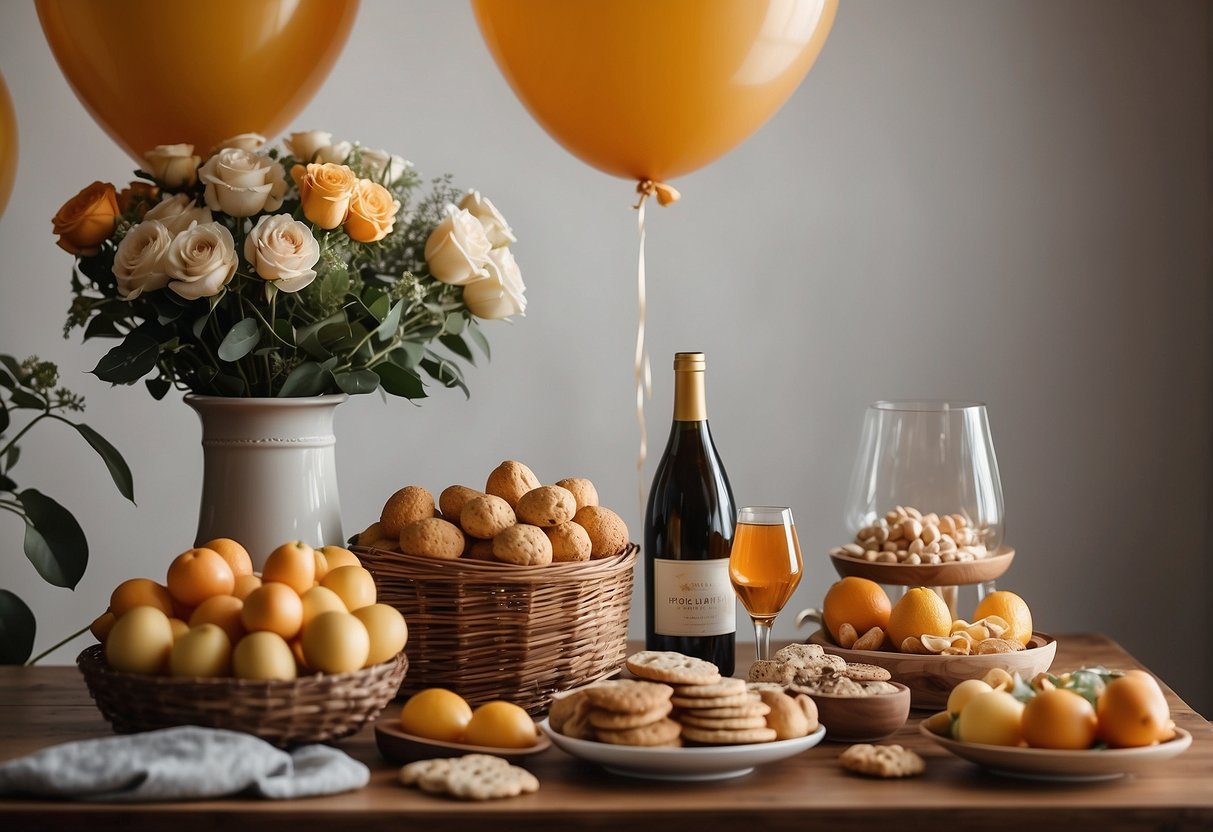 A table adorned with elegant gift baskets, kitchen gadgets, and decorative homeware. A festive atmosphere with balloons and floral arrangements