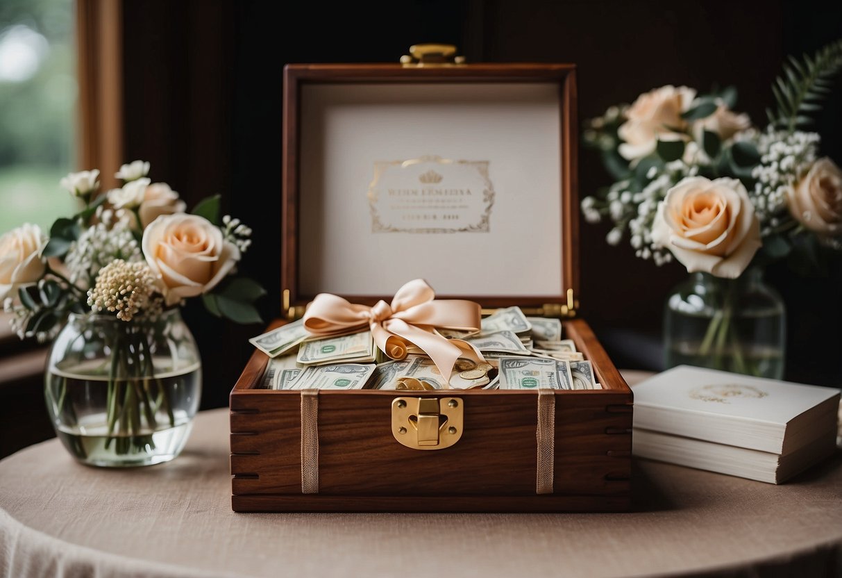 A wooden memory box sits open on a table, filled with wedding cards and cash gifts. Delicate lace and floral details adorn the box, adding a touch of elegance to the scene