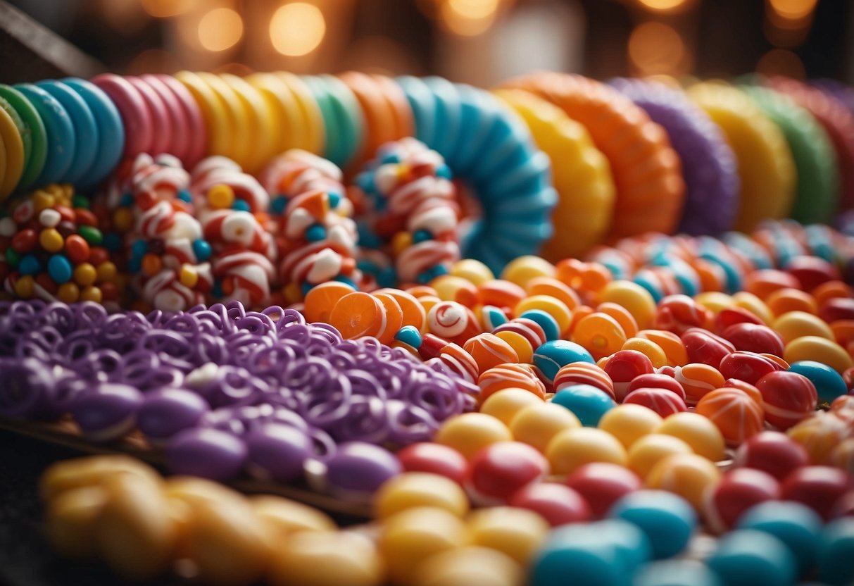 A colorful candy bar adorned with candy necklaces for a wedding celebration