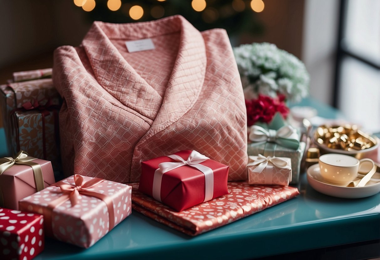 A table with two matching pajama sets, one for a man and one for a woman, surrounded by gift wrapping materials and a wedding shower card