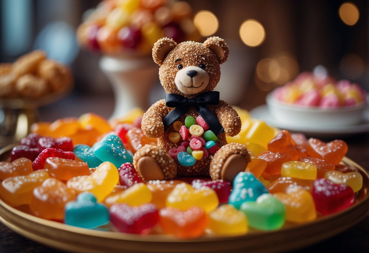 A colorful candy bar with gummy bears arranged in a wedding theme, featuring a bride and groom bear surrounded by sweet treats