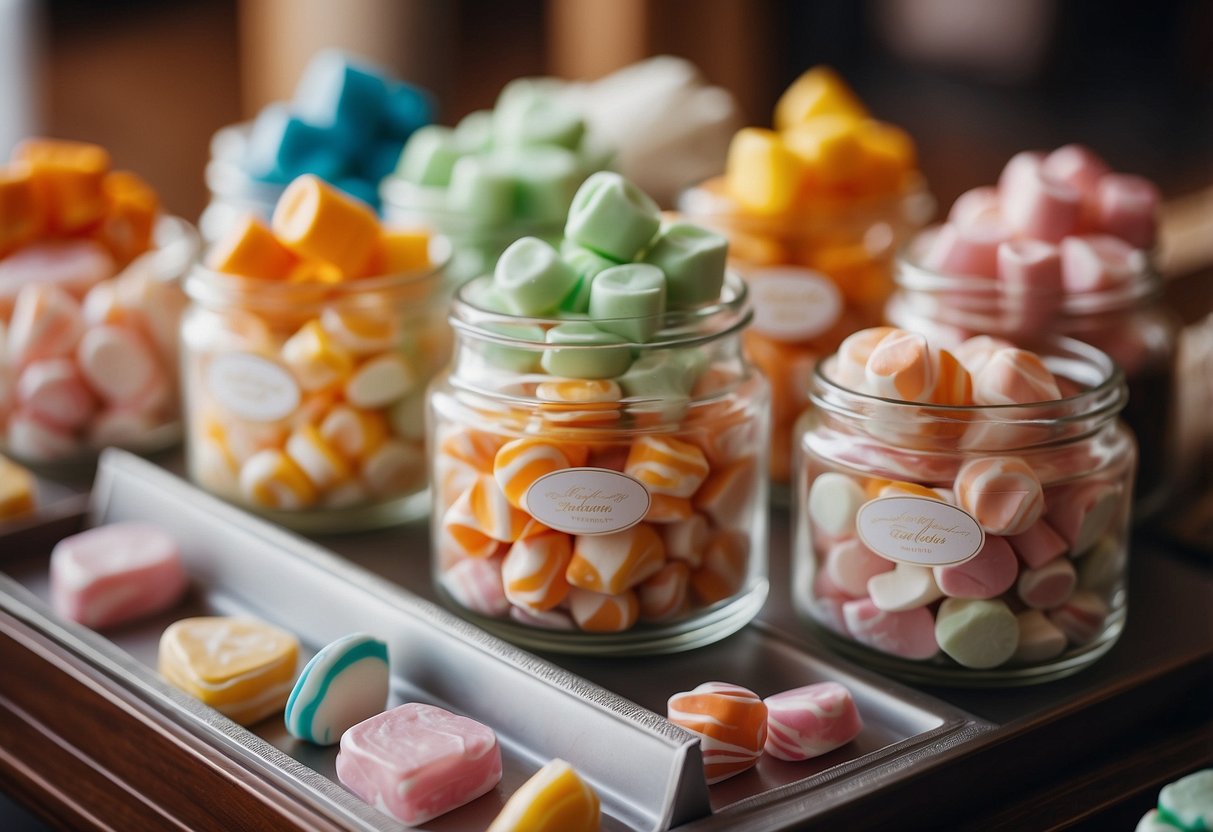 A colorful display of Saltwater Taffy in various flavors and shades arranged on a candy bar at a wedding, with elegant decorations and signage