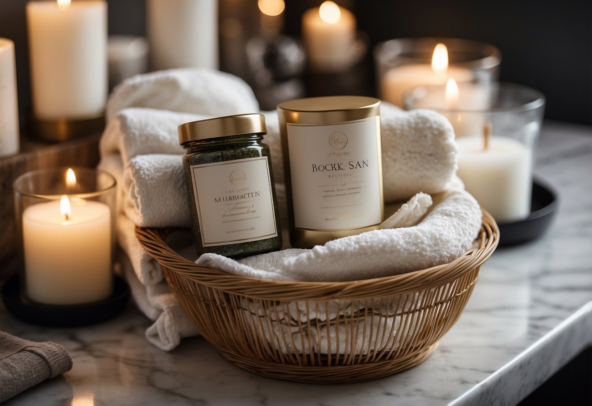 A luxurious spa gift basket sits on a marble countertop, filled with soothing bath salts, fragrant candles, and plush towels. A ribbon and a handwritten tag add a personal touch