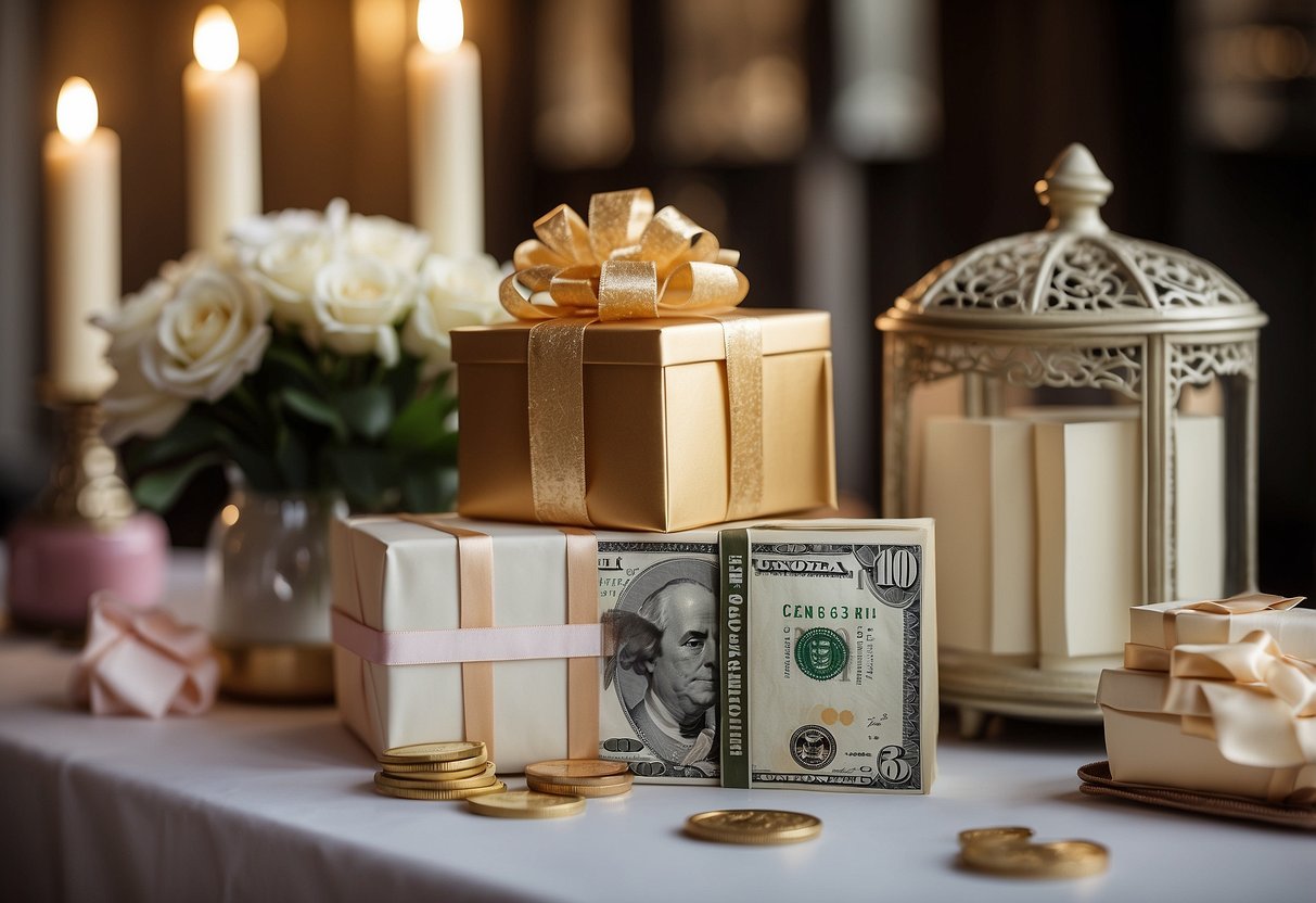 A beautifully decorated gift table with envelopes and cards, a decorative money box, and a sign indicating "Wedding Money Gifts" prominently displayed