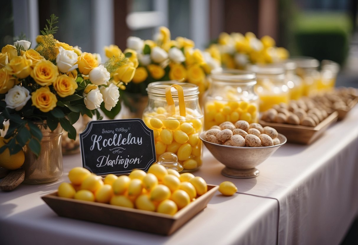 A colorful candy bar filled with lemon drops, adorned with wedding decor and signage