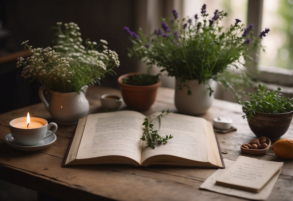 A cozy kitchen table with two chairs, a vintage recipe book open to a page of handwritten notes, surrounded by fresh herbs and a bouquet of flowers