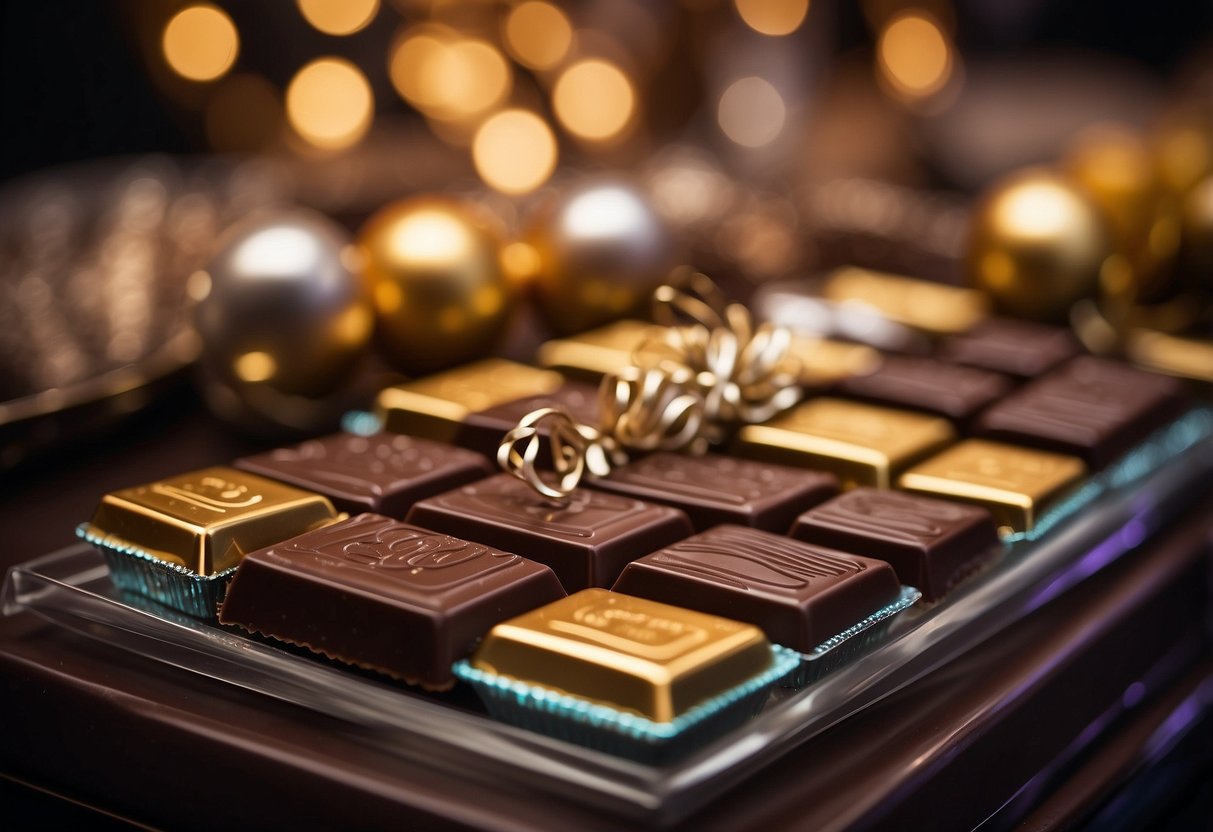 A colorful display of mini chocolate bars arranged on a wedding candy bar, surrounded by elegant decorations and festive lighting