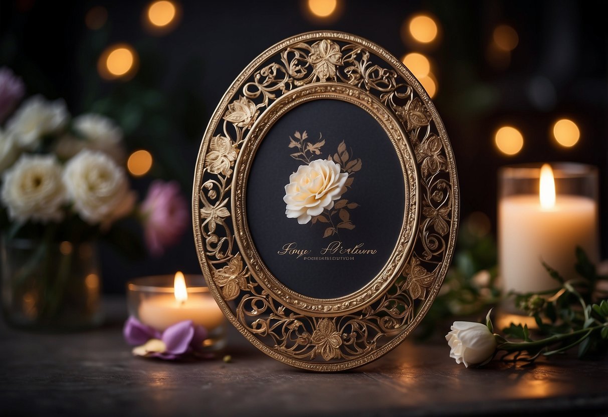 A beautifully engraved picture frame sits on a table, surrounded by delicate flowers and soft candlelight, creating a romantic and elegant atmosphere