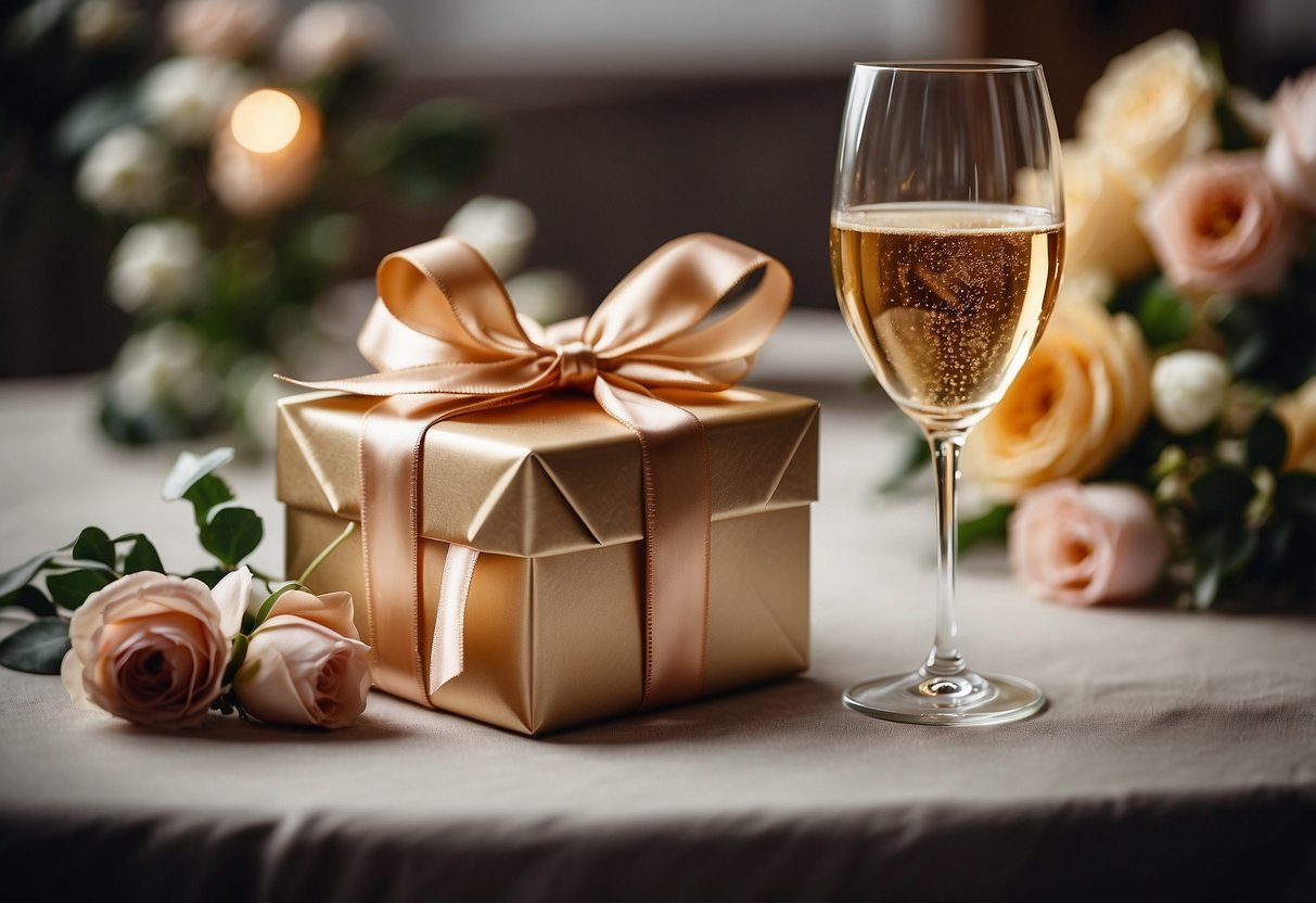 A beautifully wrapped gift box with a ribbon and bow, surrounded by flowers and champagne glasses