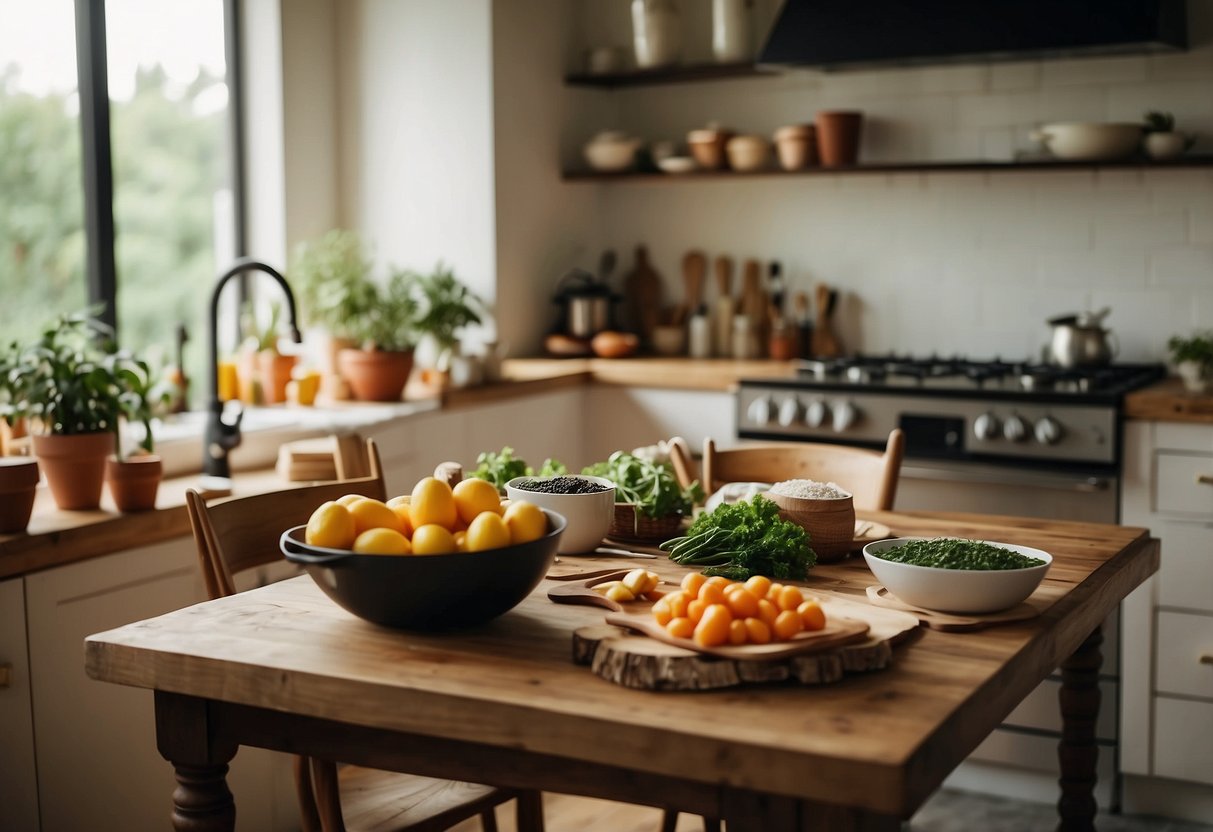 A cozy kitchen with a table set for two, a variety of fresh ingredients, cooking utensils, and a voucher for a couples cooking class displayed prominently