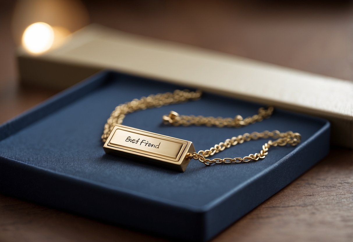 A delicate bar necklace with "best friend" engraved on it, displayed in a gift box with a ribbon