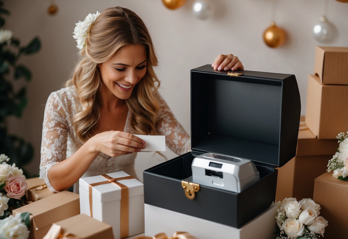 An excited bride opens a box to find an Instant Photo Printer, surrounded by wedding decorations and gifts